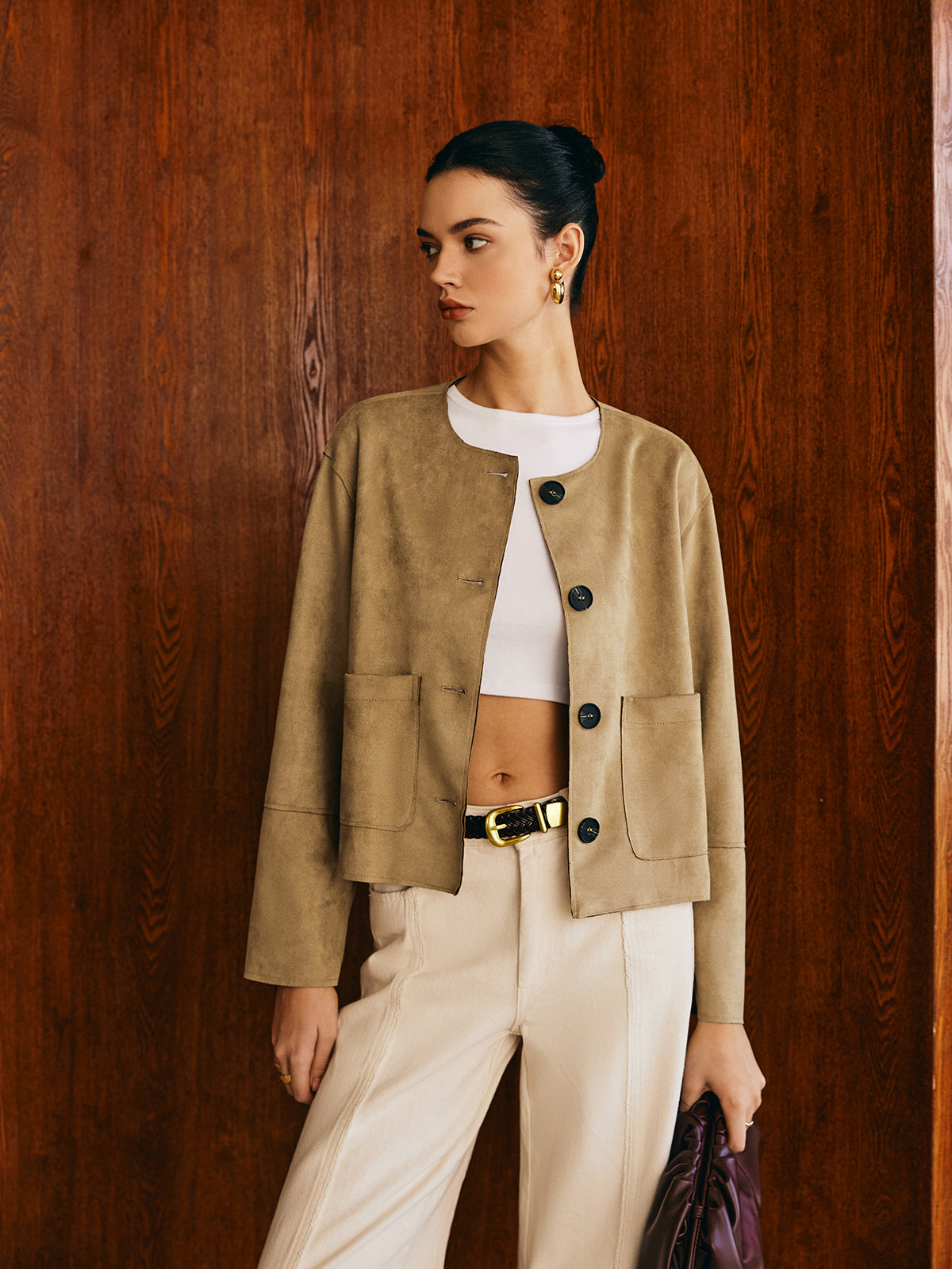 Large Pockets Breasted Suede Effect Jacket-Chicvia