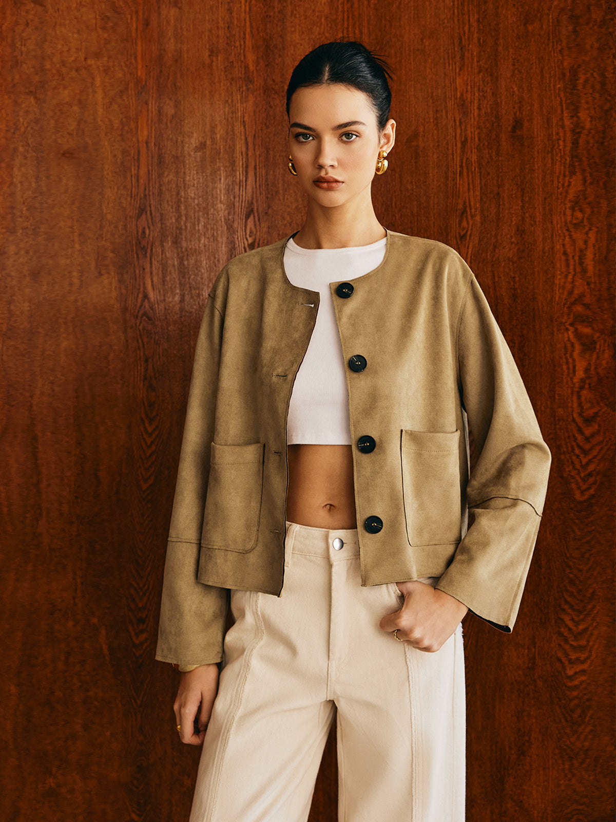 Large Pockets Breasted Suede Effect Jacket-Chicvia