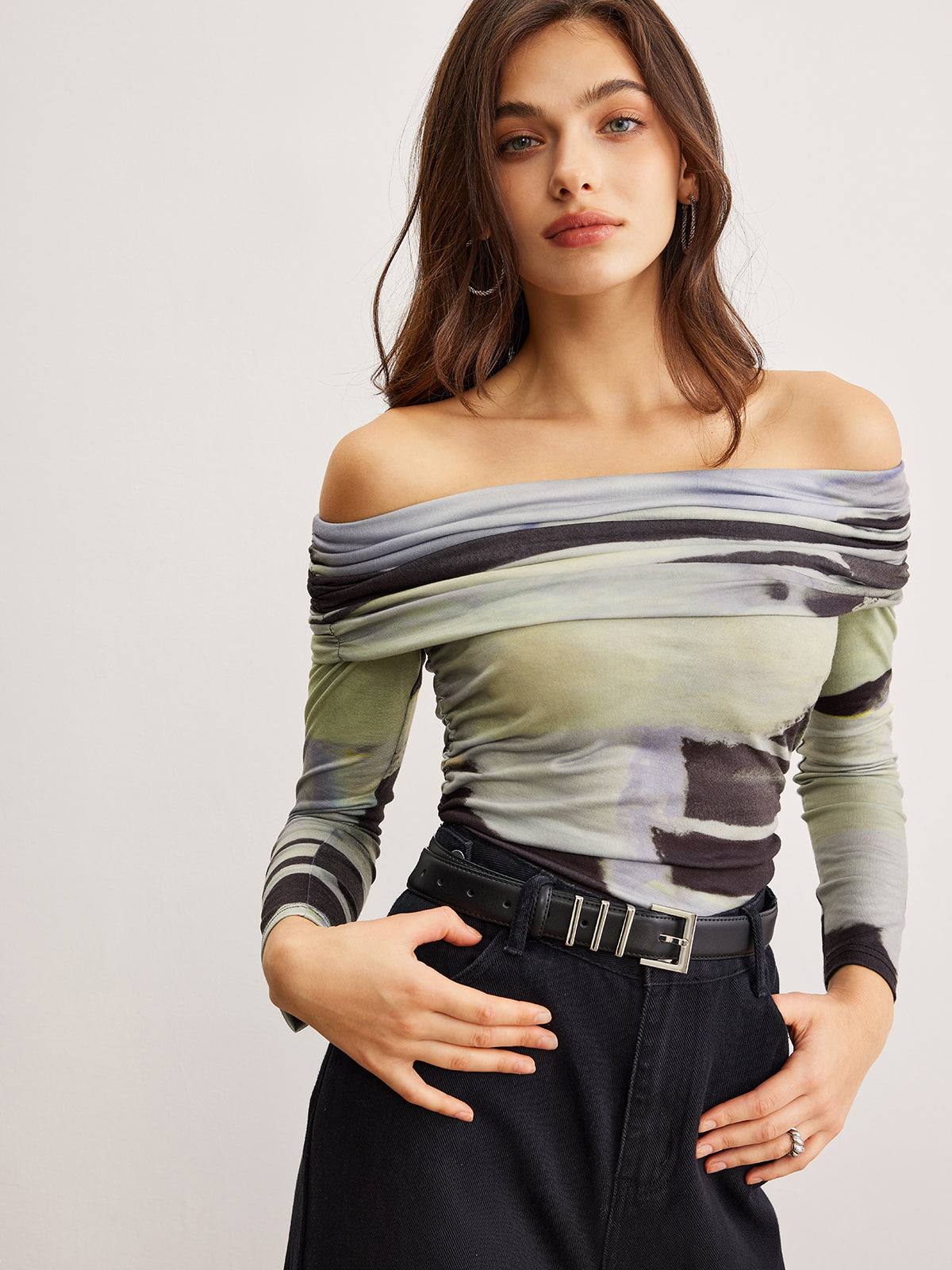 Off-Shoulder Tie Dye Printed T-Shirt-Chicvia