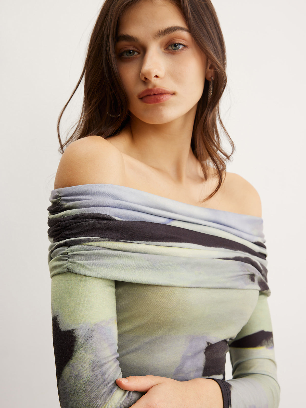 Off-Shoulder Tie Dye Printed T-Shirt-Chicvia