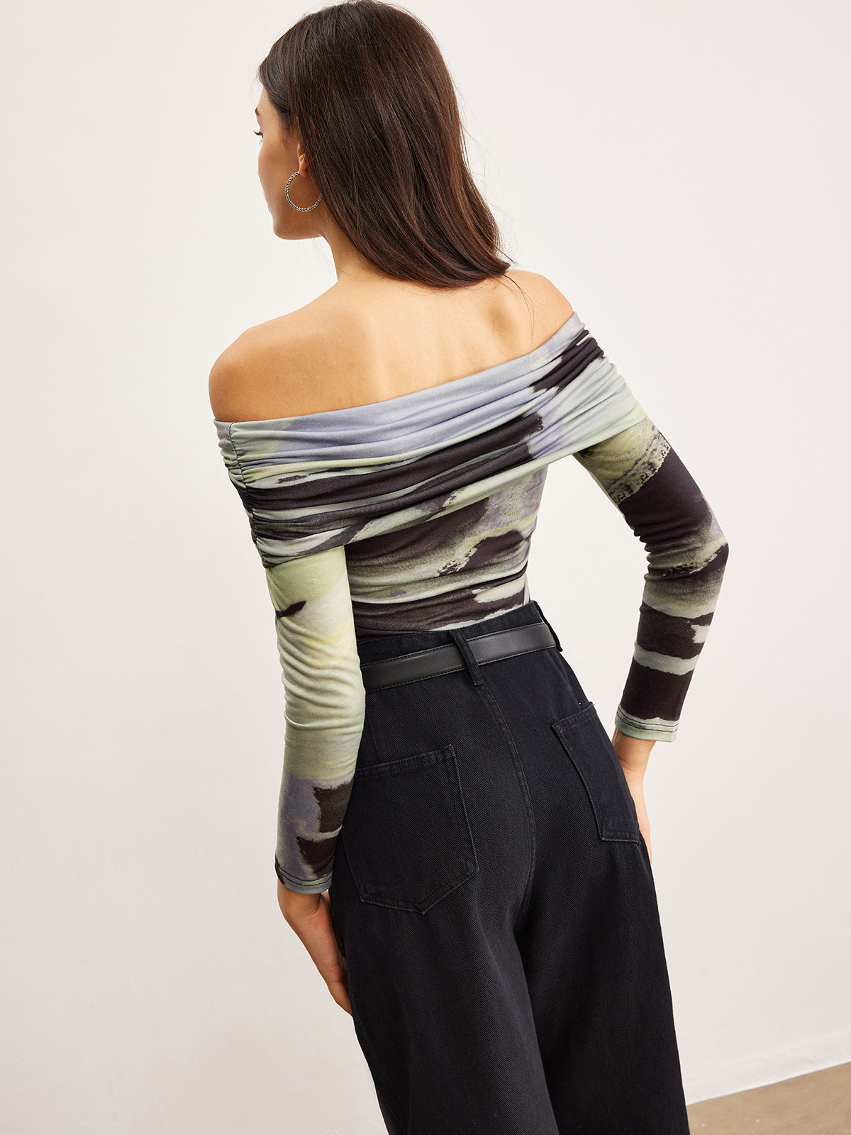 Off-Shoulder Tie Dye Printed T-Shirt-Chicvia