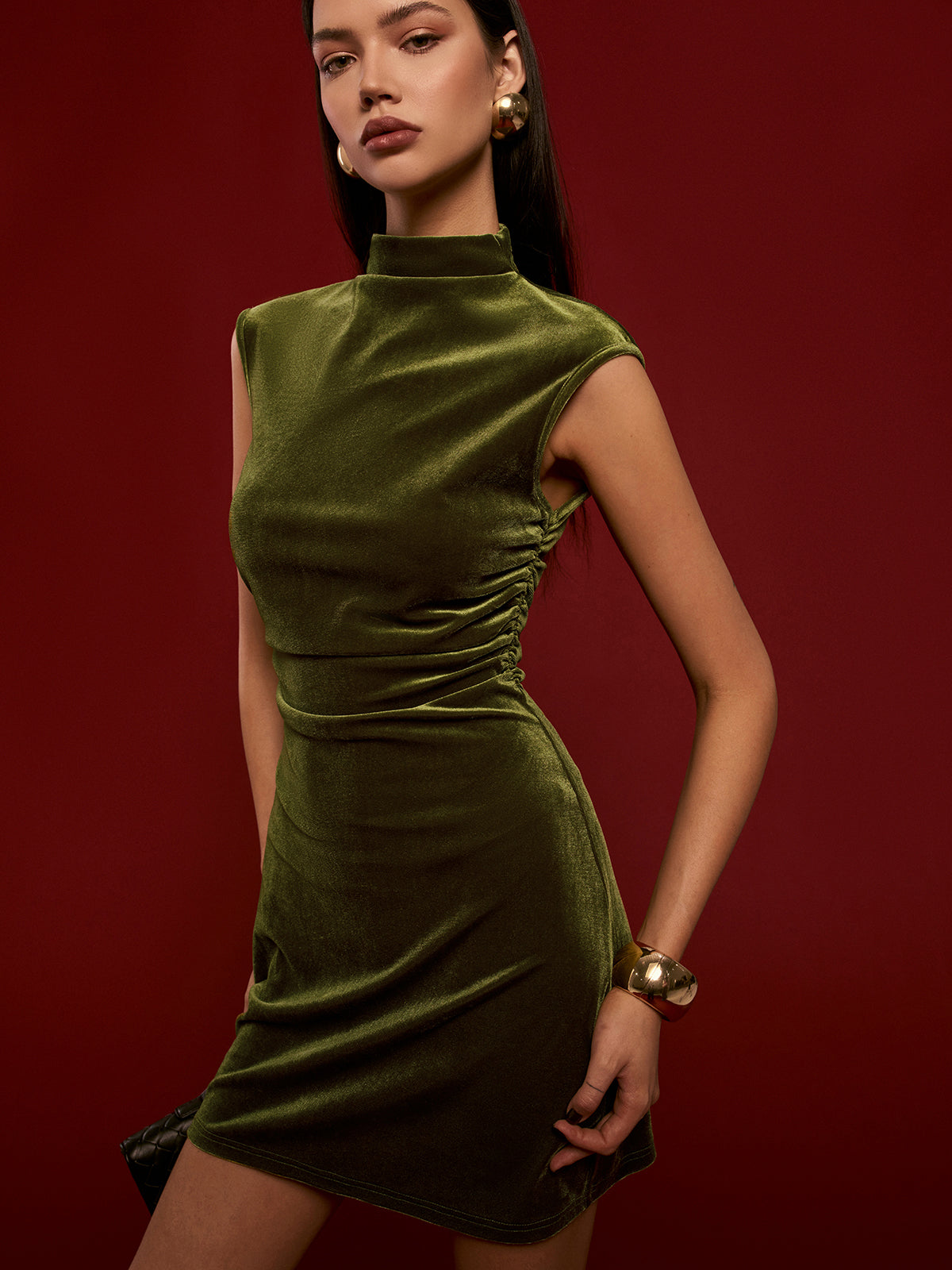 Mock Neck Sleeveless Velvet Dress-Chicvia