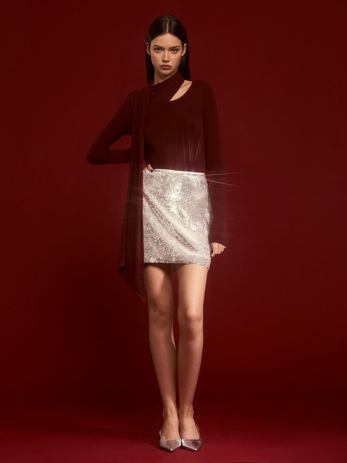 Minimalist Jersey Top With Scarf-Chicvia