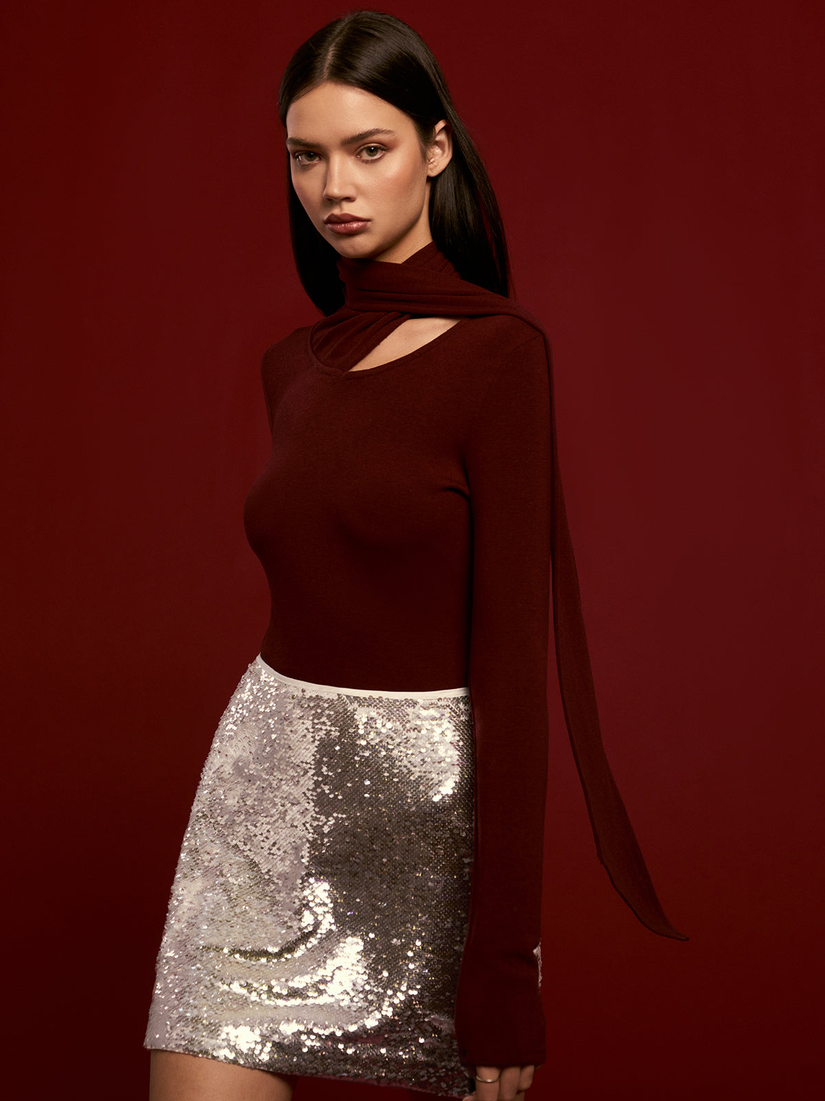 Minimalist Jersey Top With Scarf-Chicvia