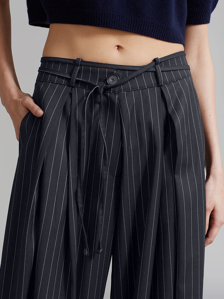Drawstring Pinstripe Wide-Leg Pants-Chicvia