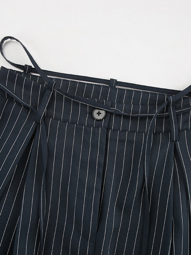 Drawstring Pinstripe Wide-Leg Pants-Chicvia