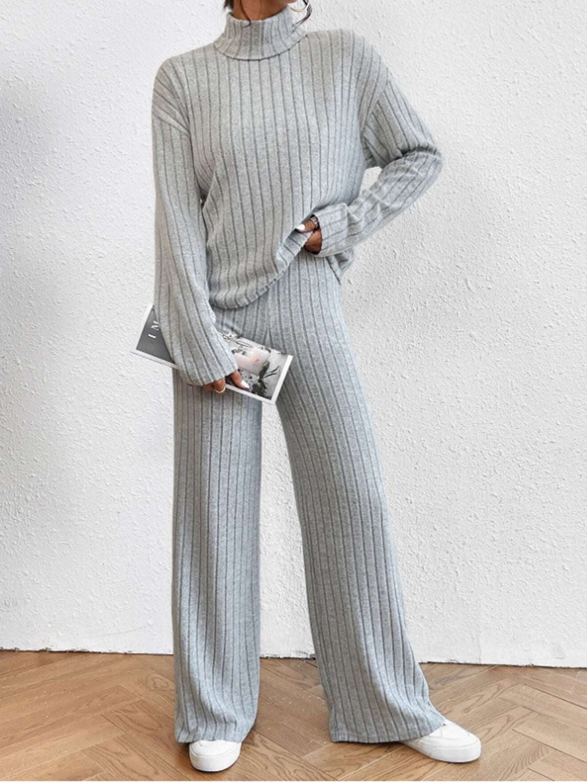 Mock Neck Ribbed Cozy Pants Set-Chicvia