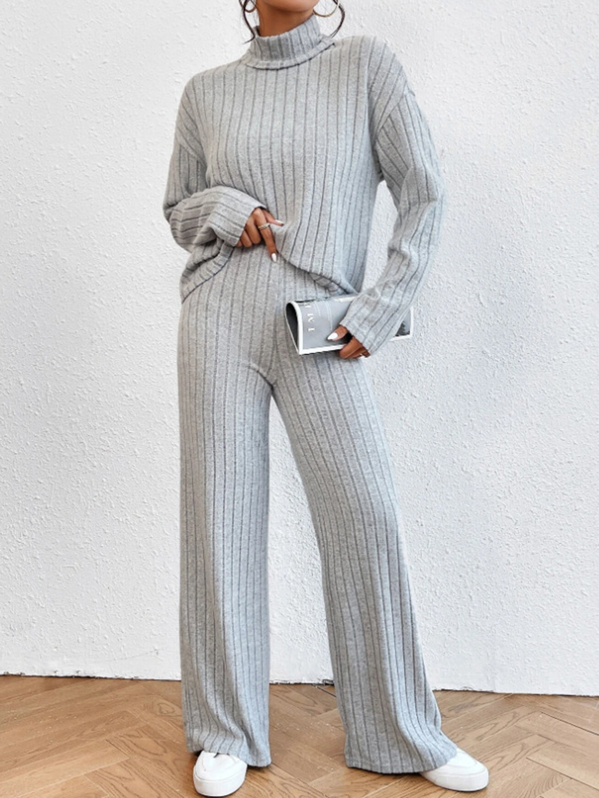 Mock Neck Ribbed Cozy Pants Set-Chicvia