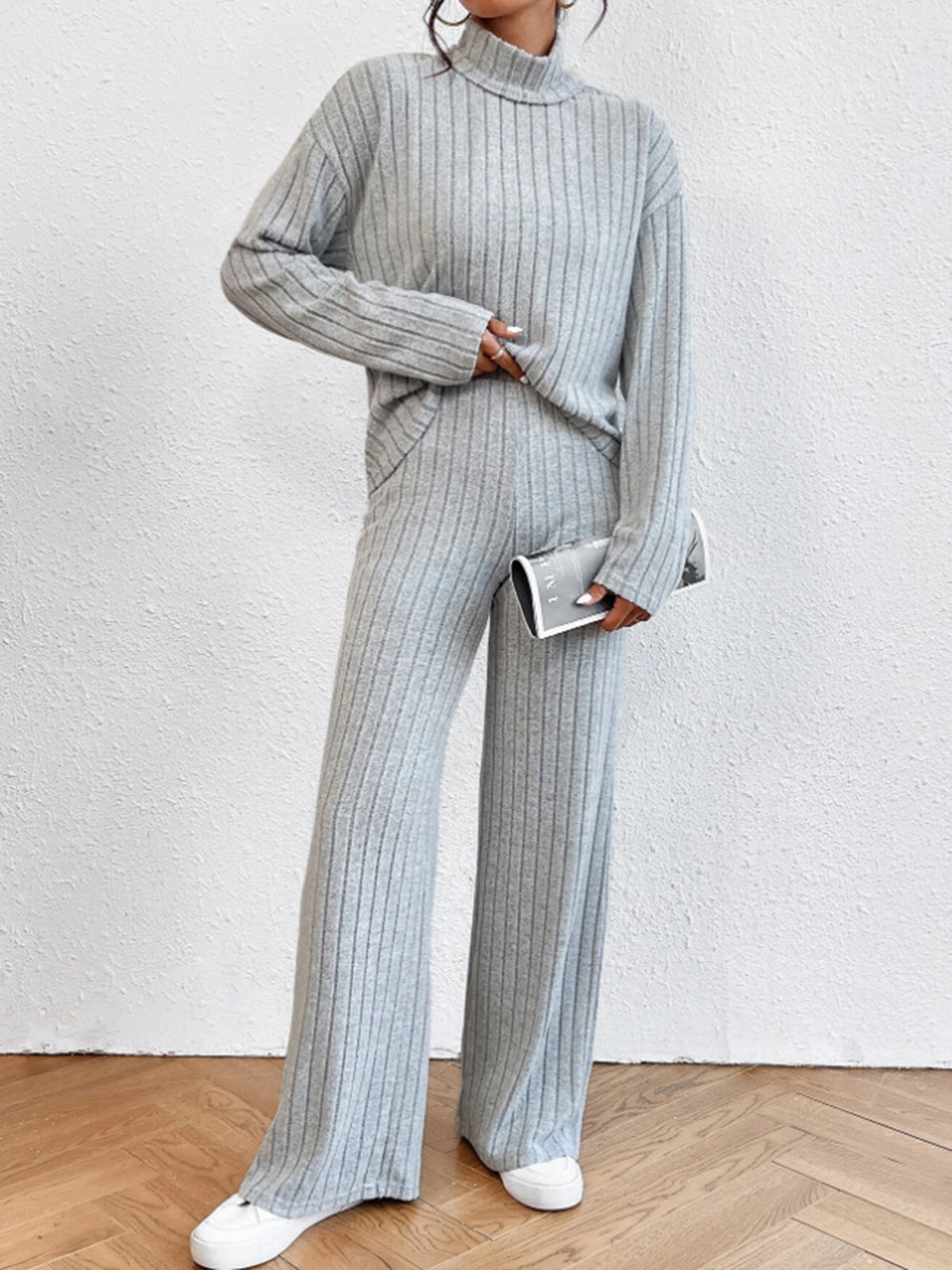 Mock Neck Ribbed Cozy Pants Set-Chicvia