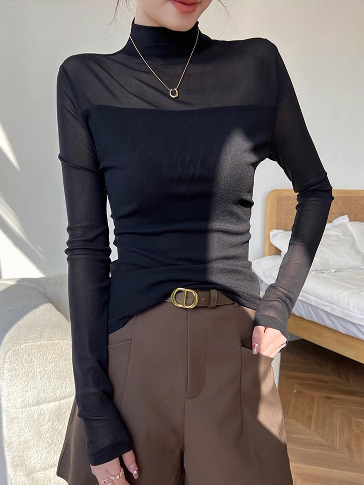 Mock Neck Sheer Mesh Panel T-Shirt-Chicvia