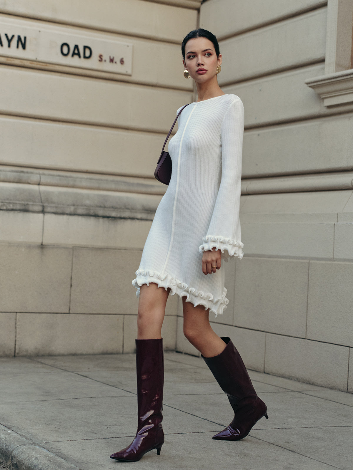 Lettuce Trim Bell Sleeve Sweater Dress-Chicvia