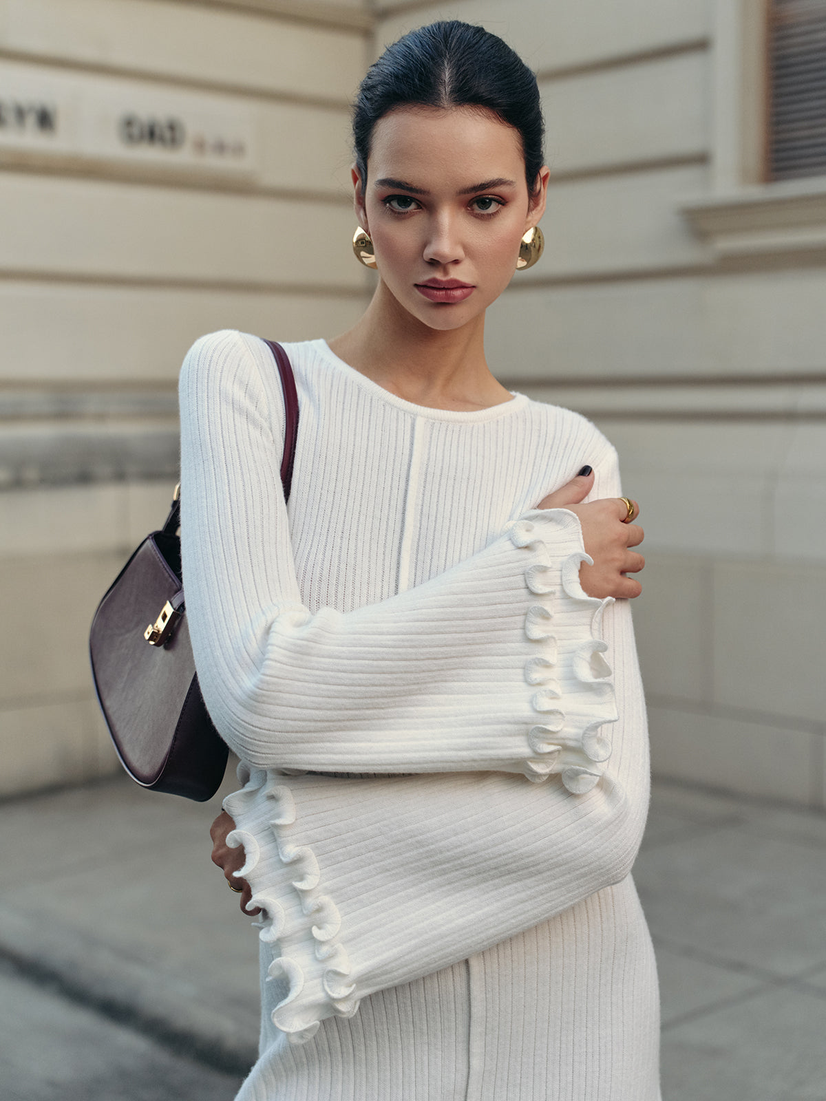 Lettuce Trim Bell Sleeve Sweater Dress-Chicvia