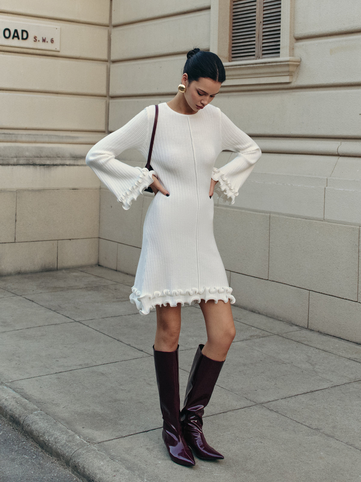 Lettuce Trim Bell Sleeve Sweater Dress-Chicvia