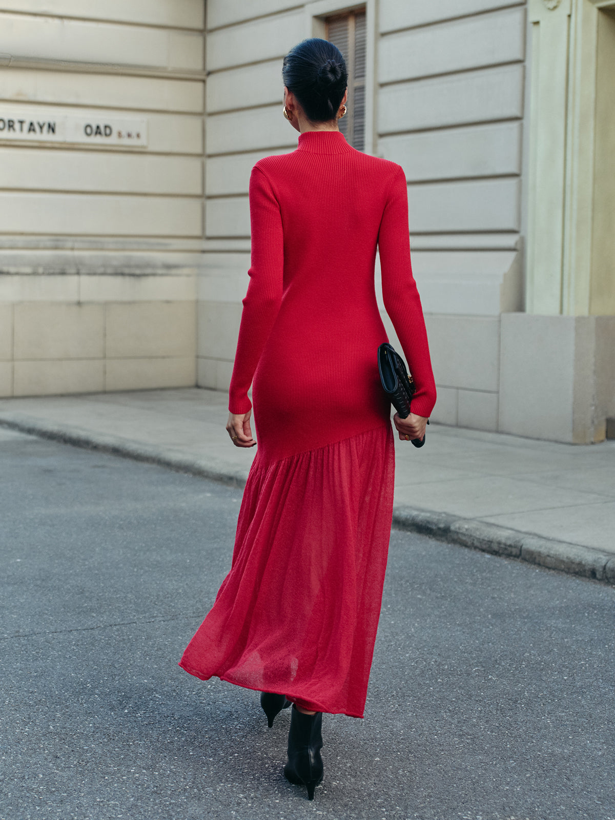 Mock Neck  Pleated Panel Sweater Dress-Chicvia