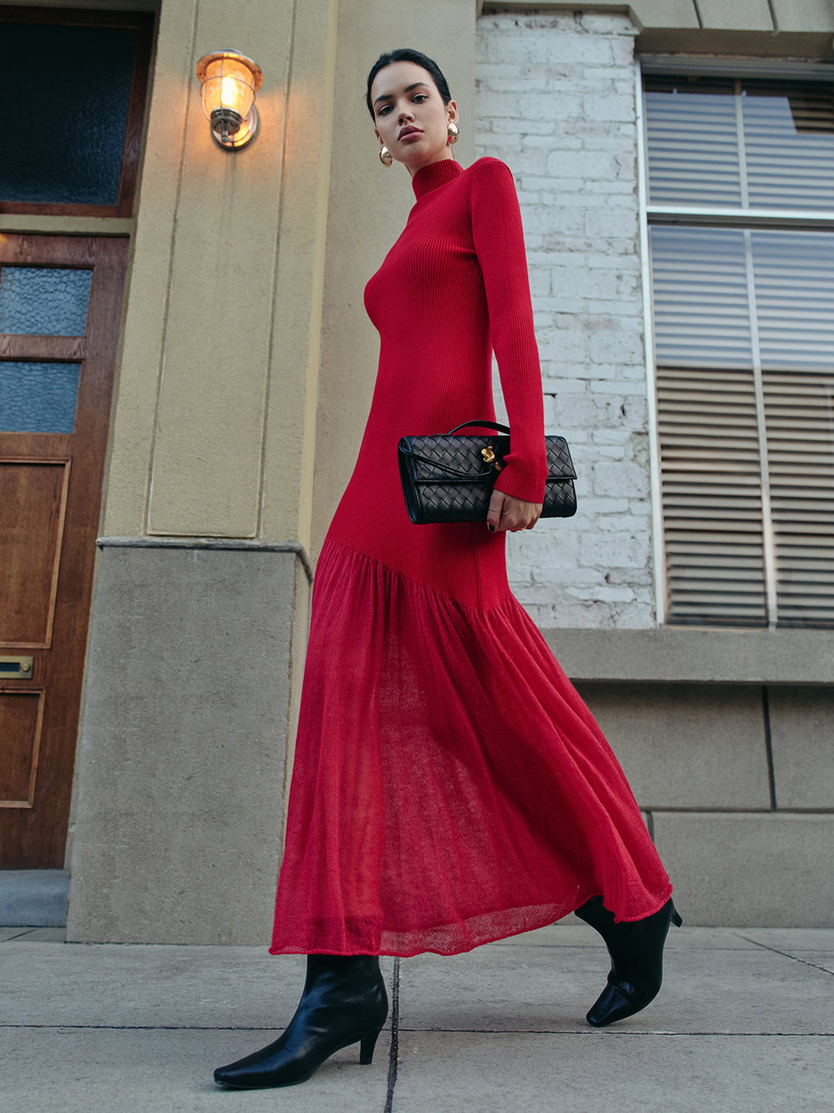 Mock Neck  Pleated Panel Sweater Dress-Chicvia