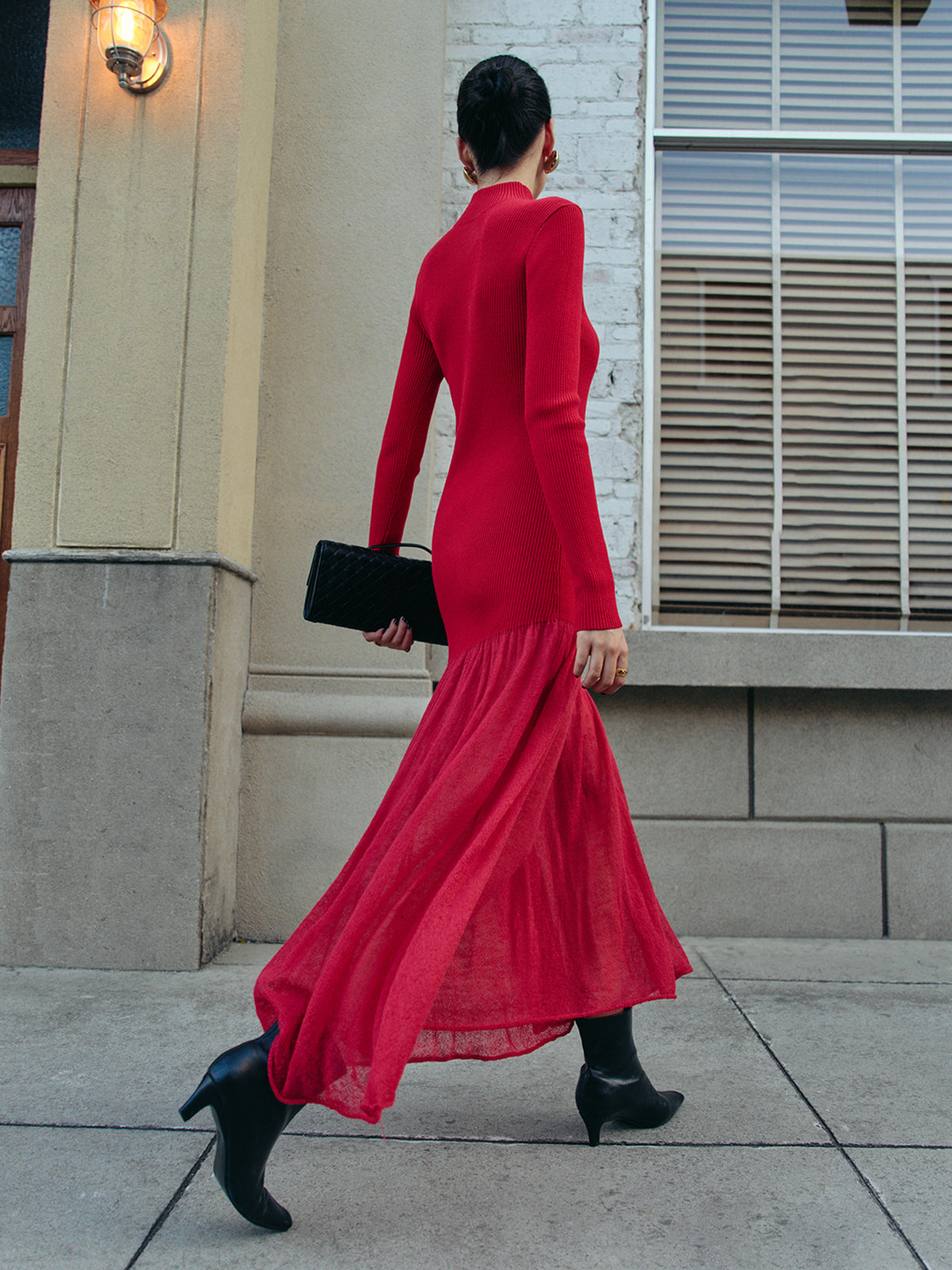 Mock Neck  Pleated Panel Sweater Dress-Chicvia