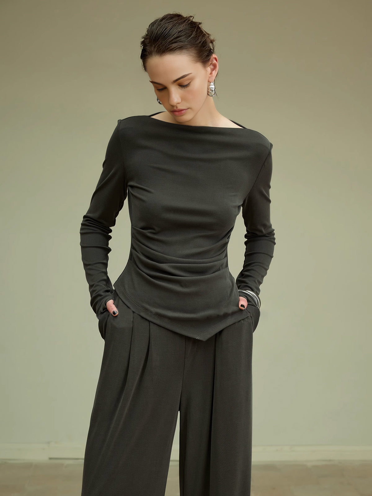 Pleated Draped Jersey Pants-Chicvia