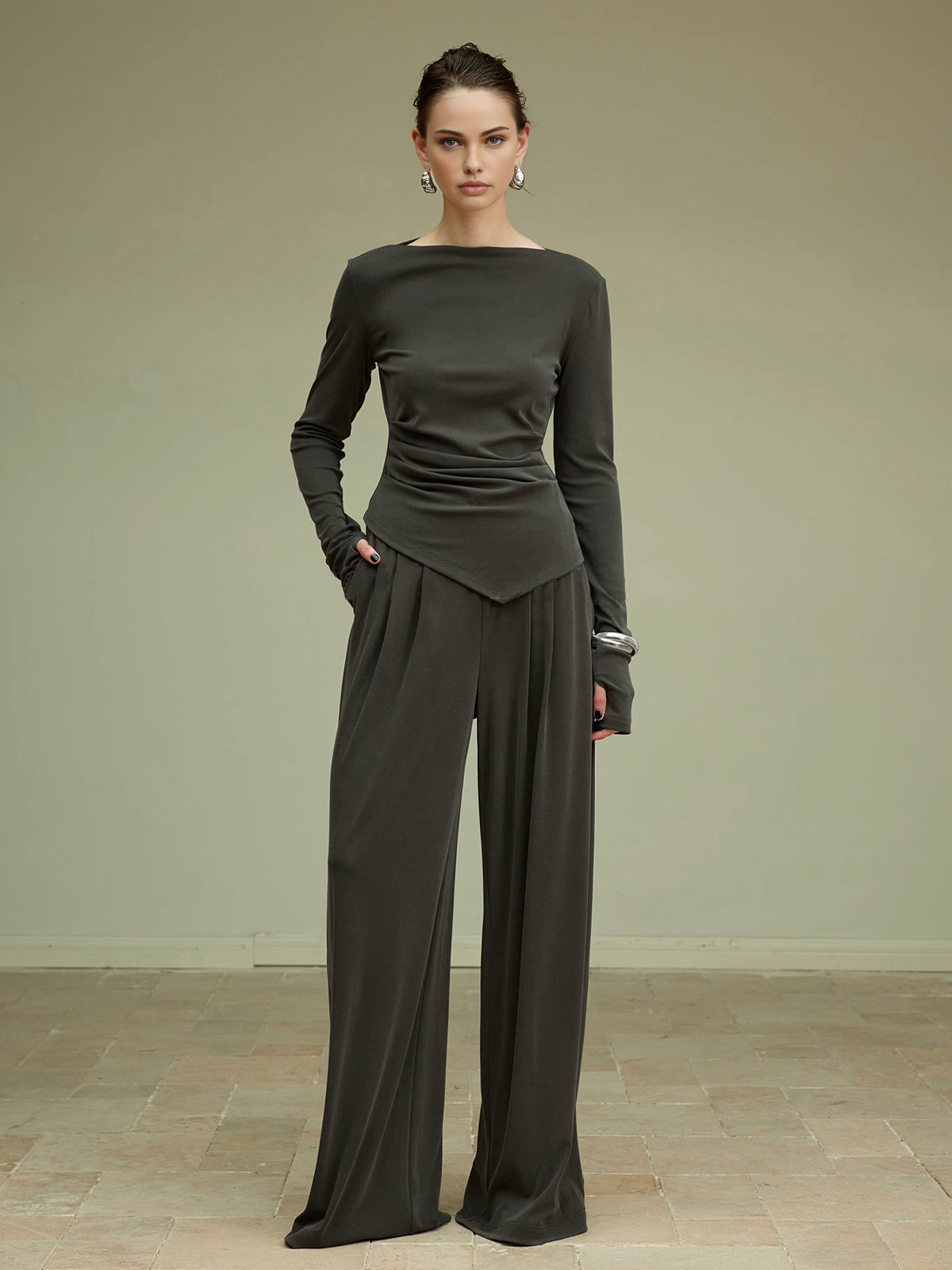 Pleated Draped Jersey Pants-Chicvia