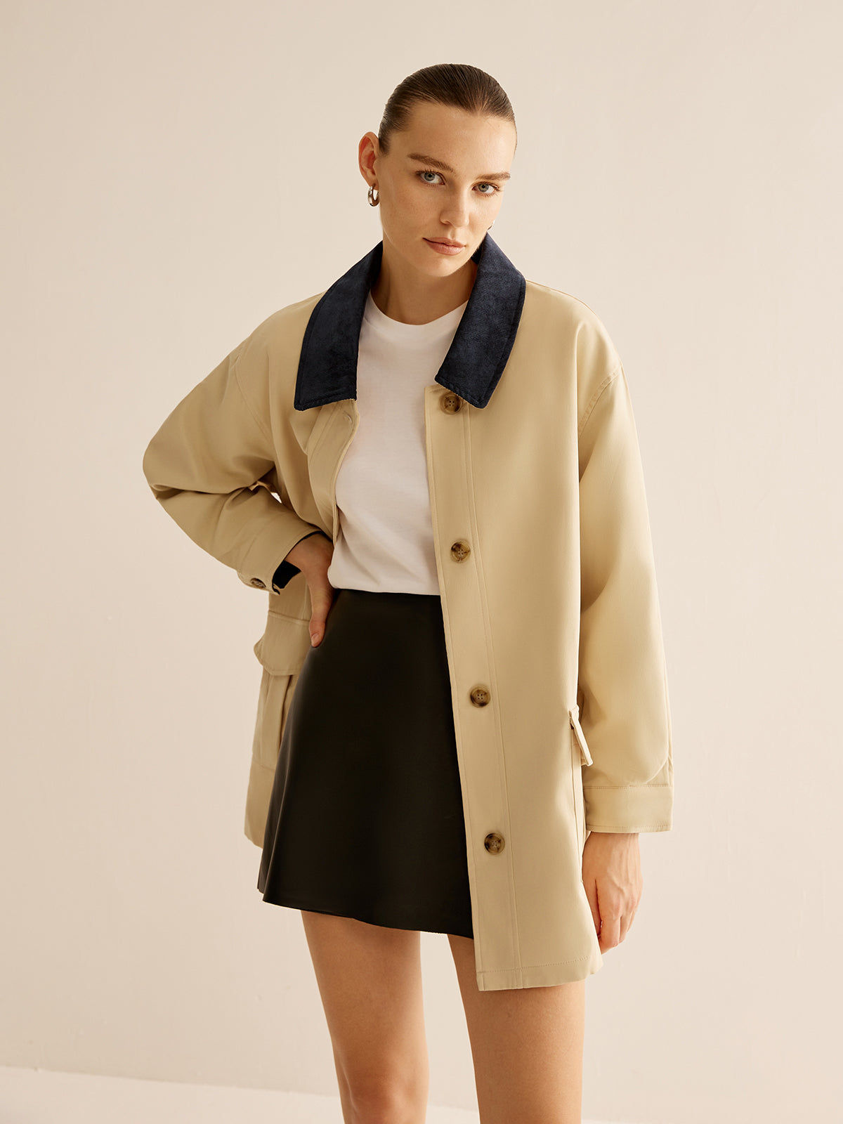 Oversized Cotton Contrast Collar Button Jacket-Chicvia