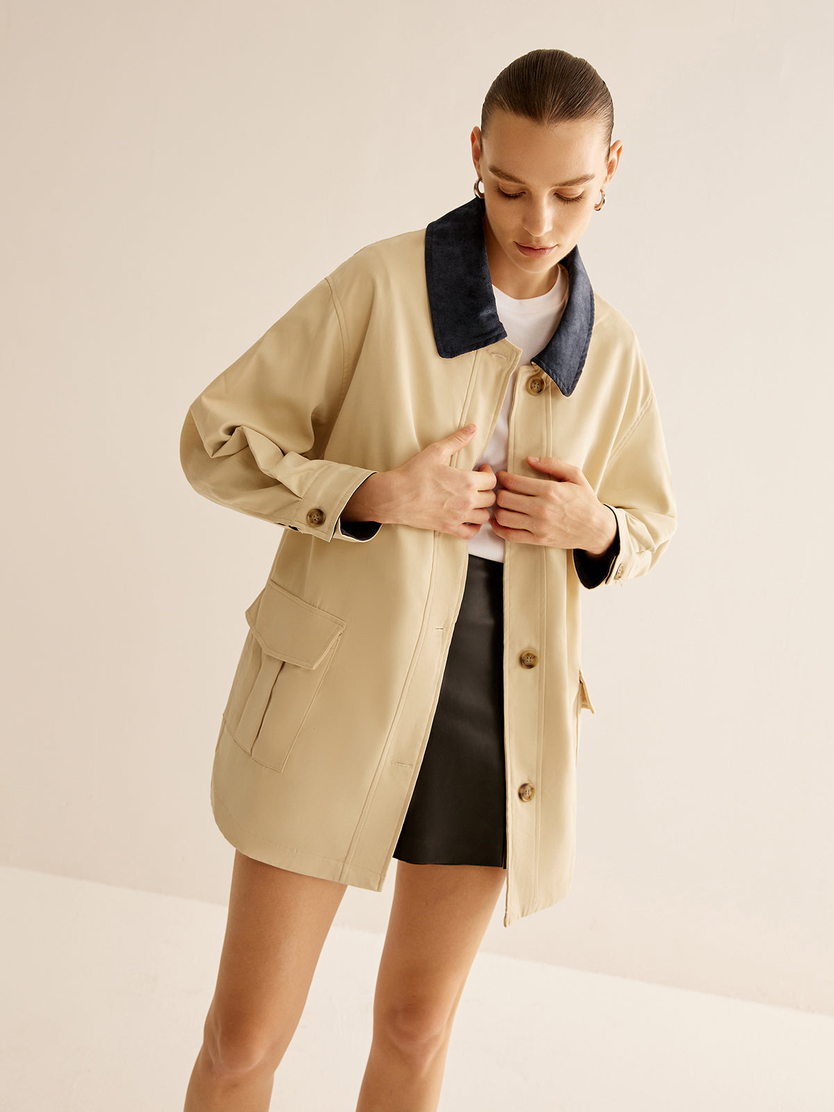 Oversized Cotton Contrast Collar Button Jacket-Chicvia