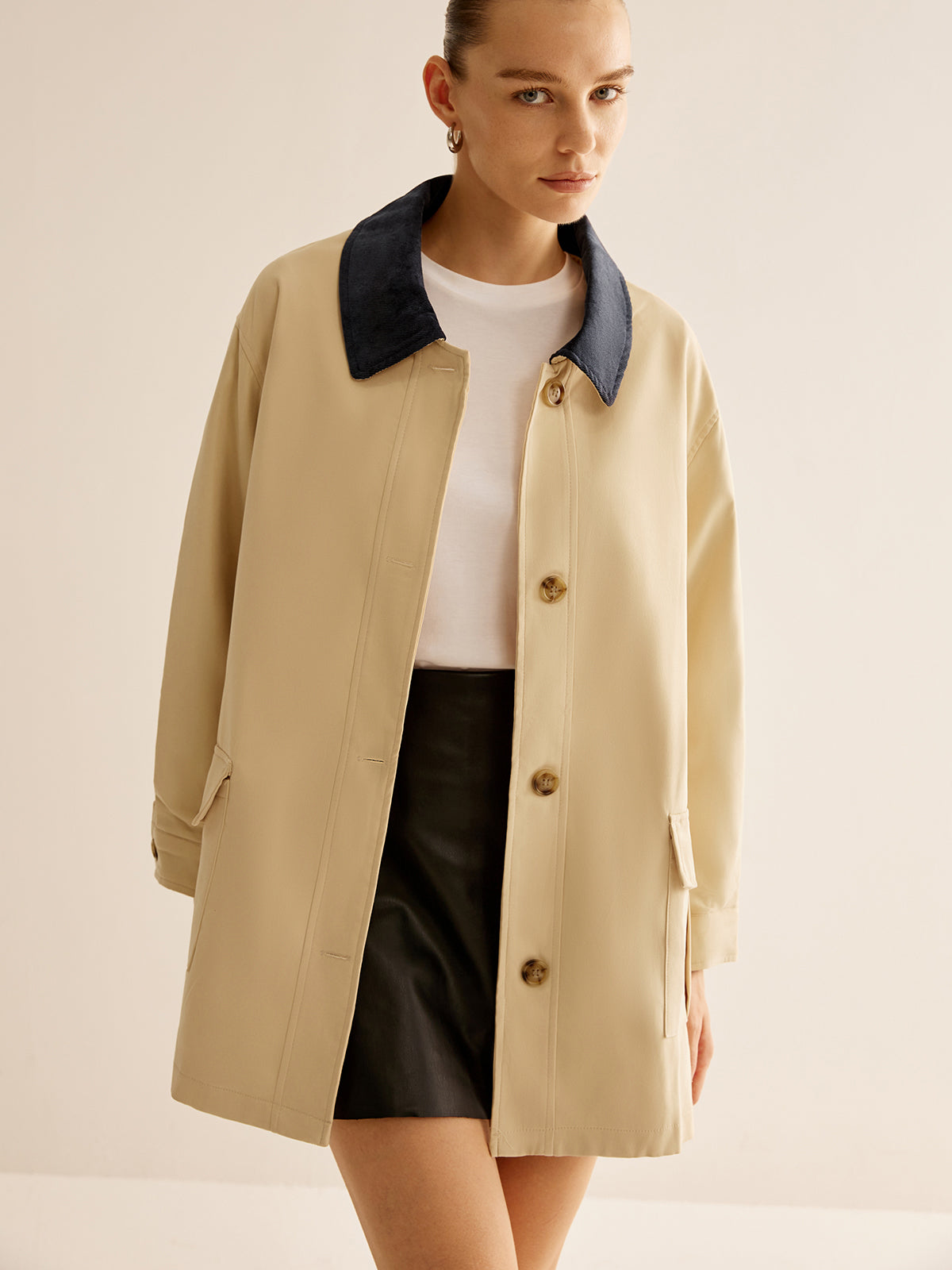 Oversized Cotton Contrast Collar Button Jacket-Chicvia