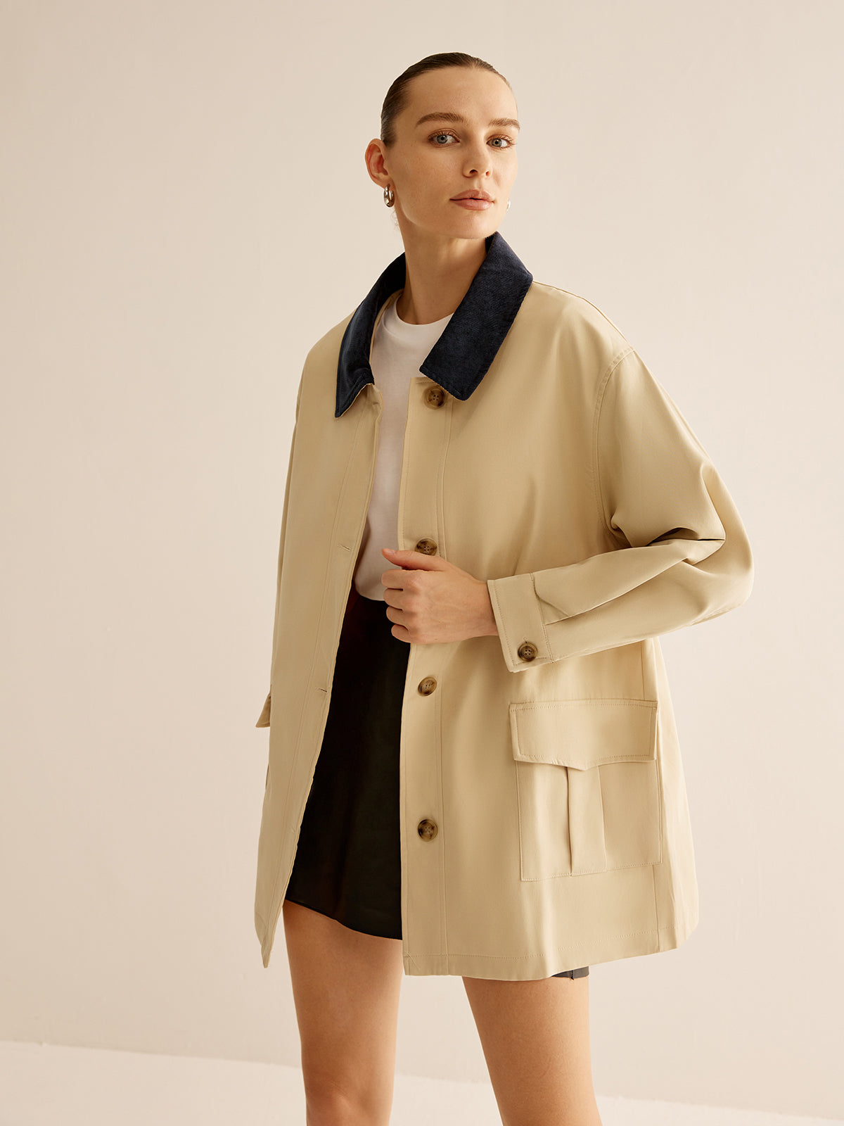Oversized Cotton Contrast Collar Button Jacket-Chicvia
