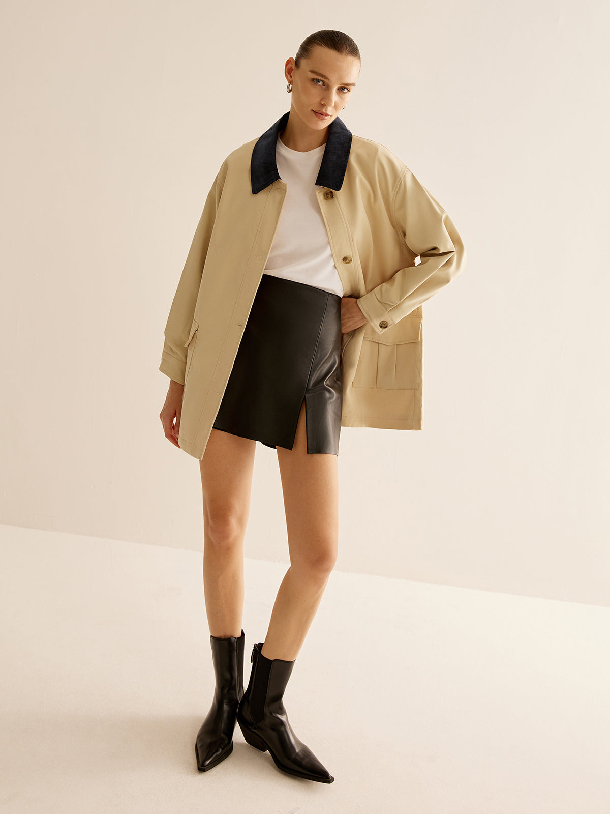 Oversized Cotton Contrast Collar Button Jacket-Chicvia