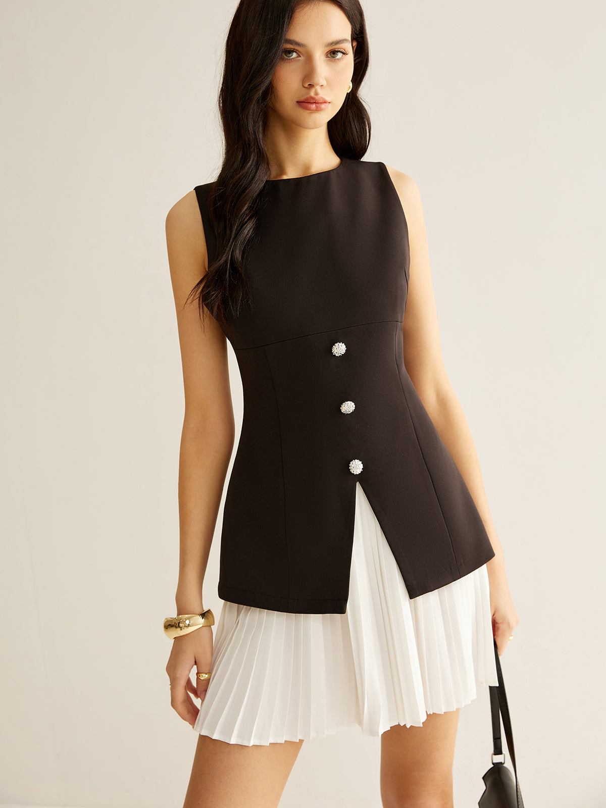 Color Block Split Pleated Dress-Chicvia