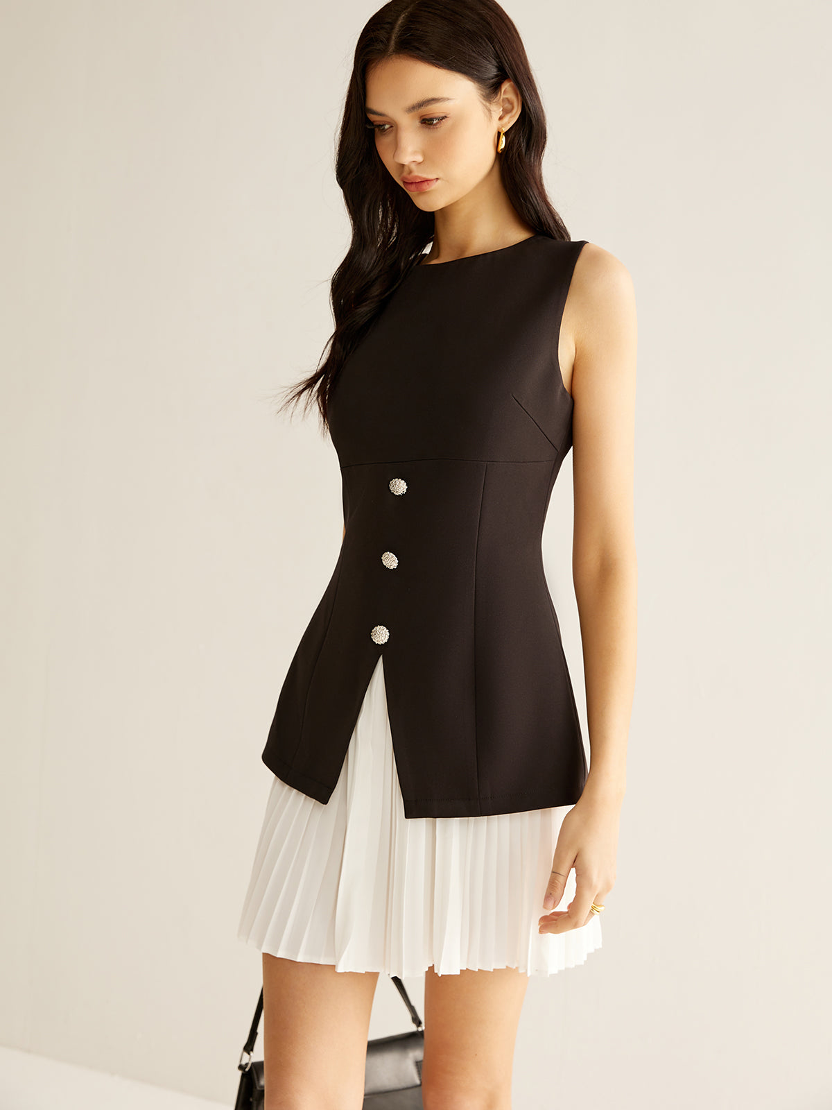 Color Block Split Pleated Dress-Chicvia