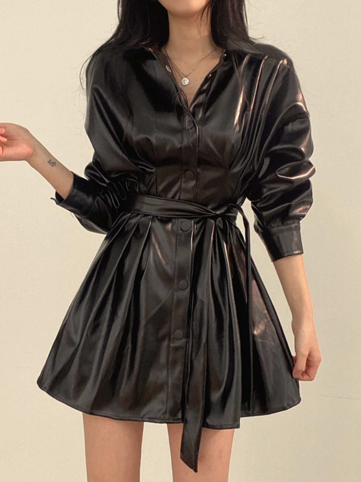 Plain Belted PU Leather Dress-Chicvia