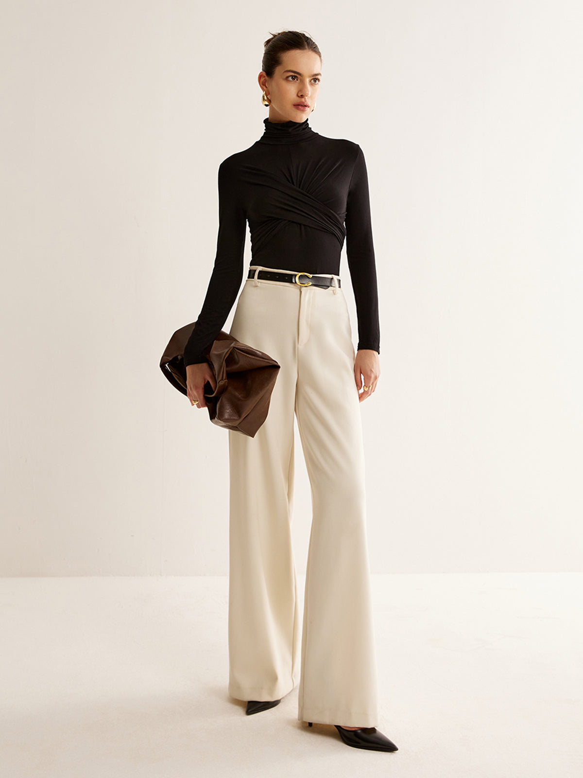 Plain Criss Cross Pleated T-Shirt-Chicvia