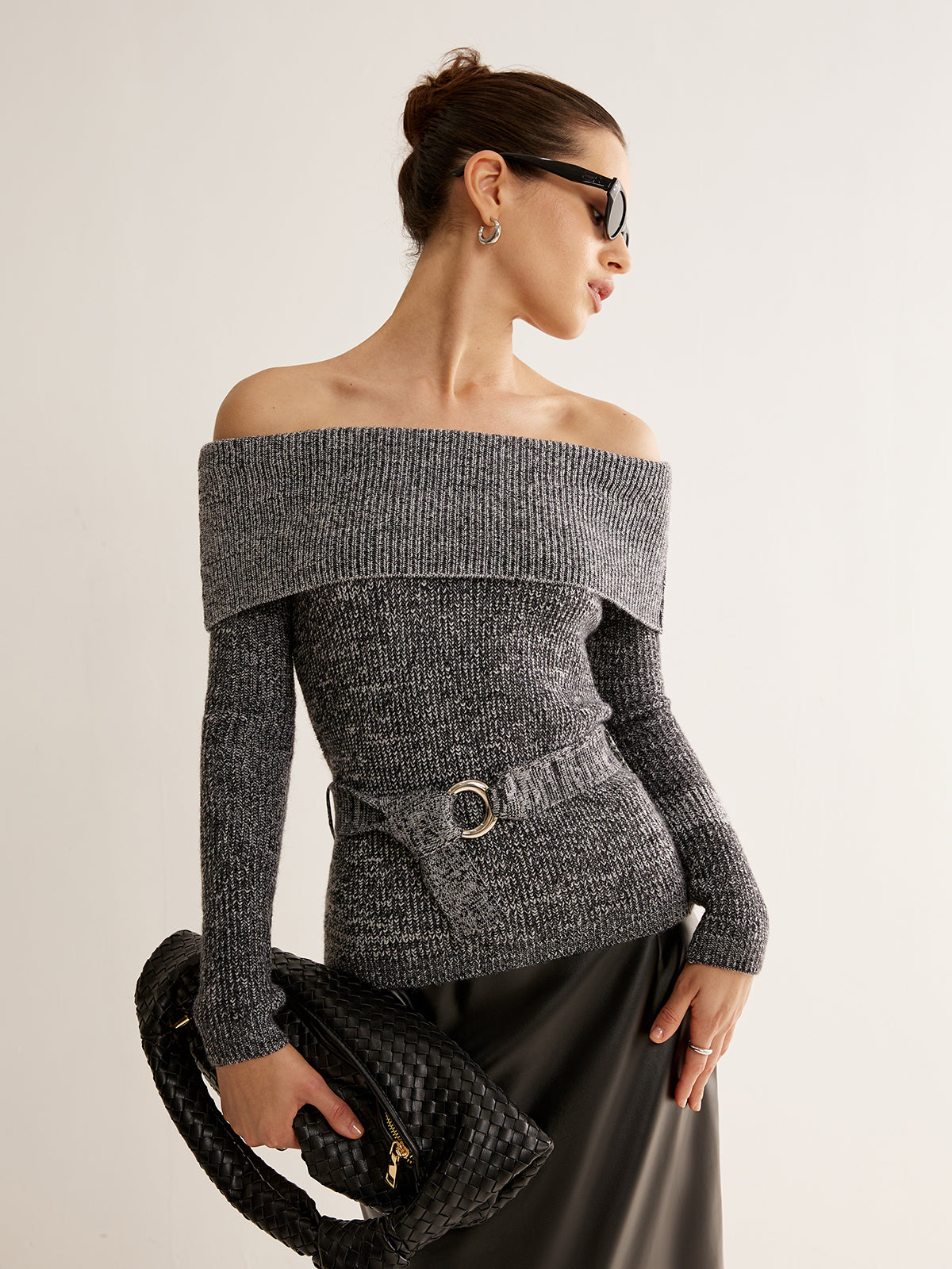 Off-Shoulder Belted Sweater-Chicvia