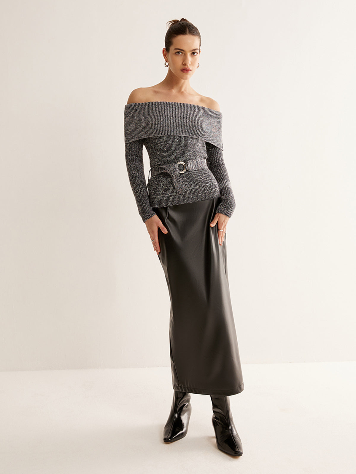 Off-Shoulder Belted Sweater-Chicvia