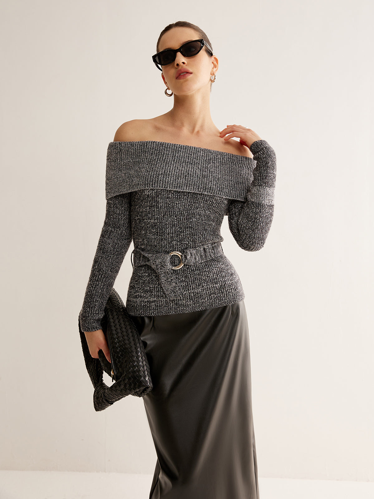 Off-Shoulder Belted Sweater-Chicvia