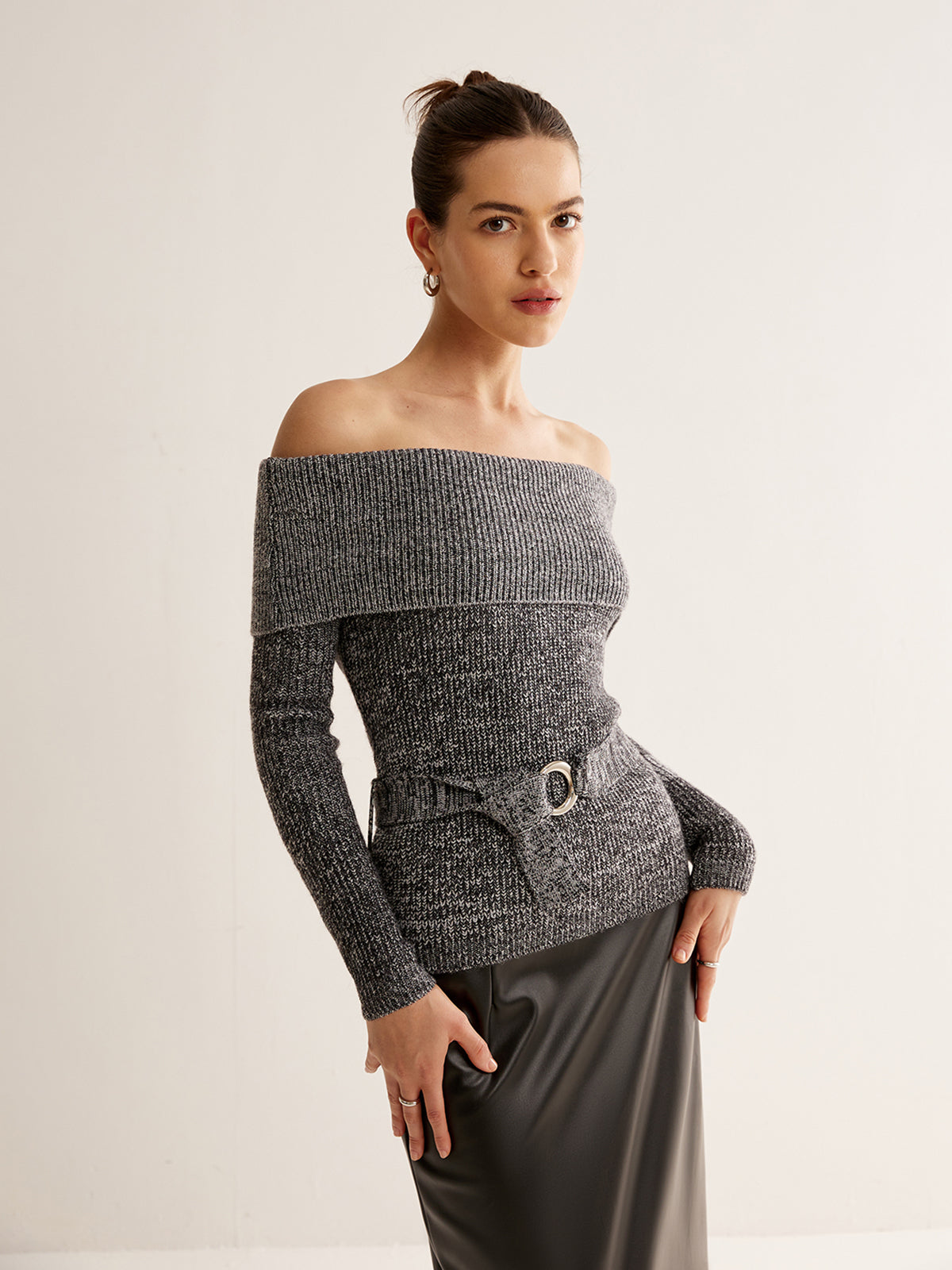 Off-Shoulder Belted Sweater-Chicvia