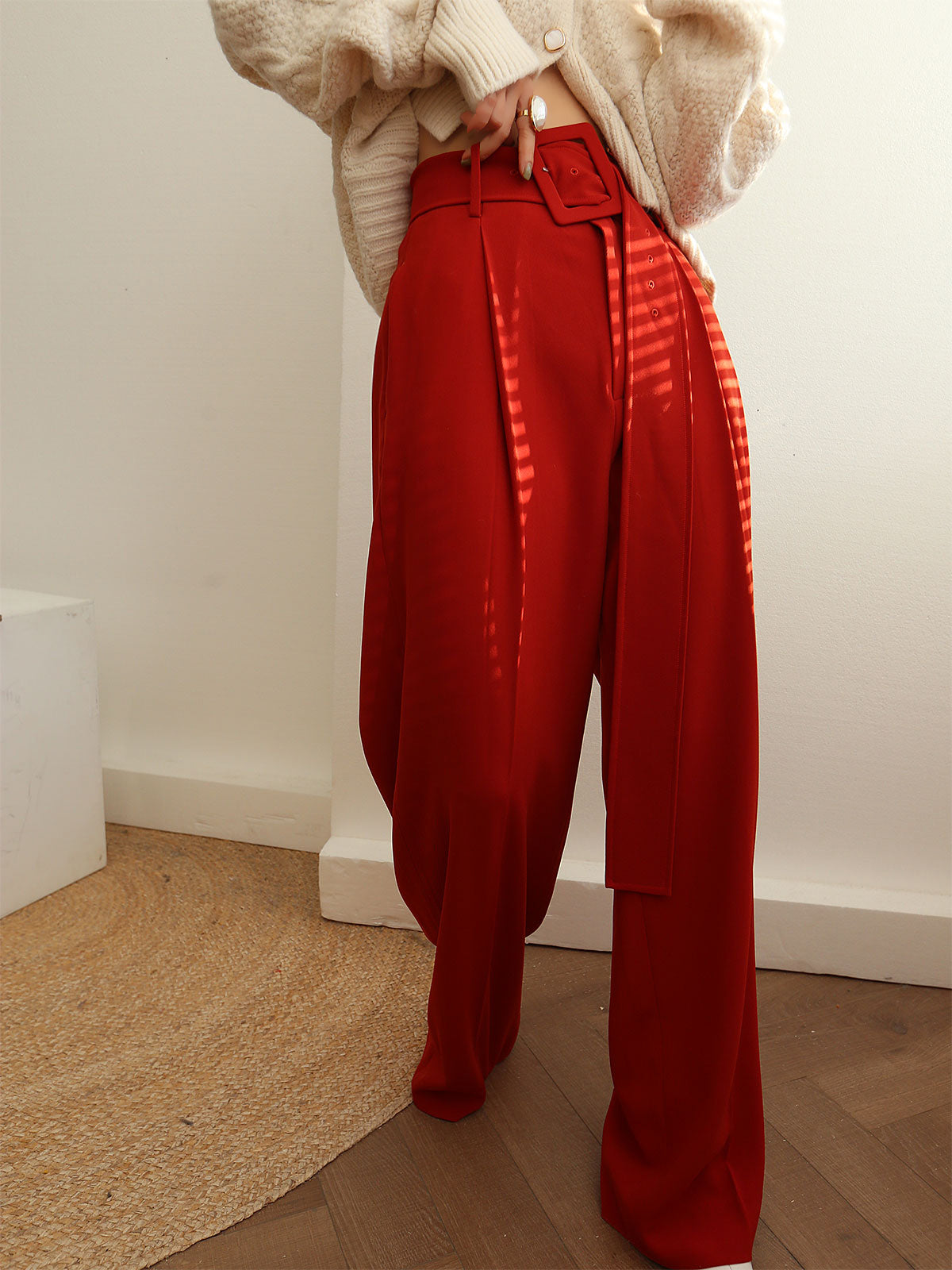 Pleated Wide Belted Pants-Chicvia