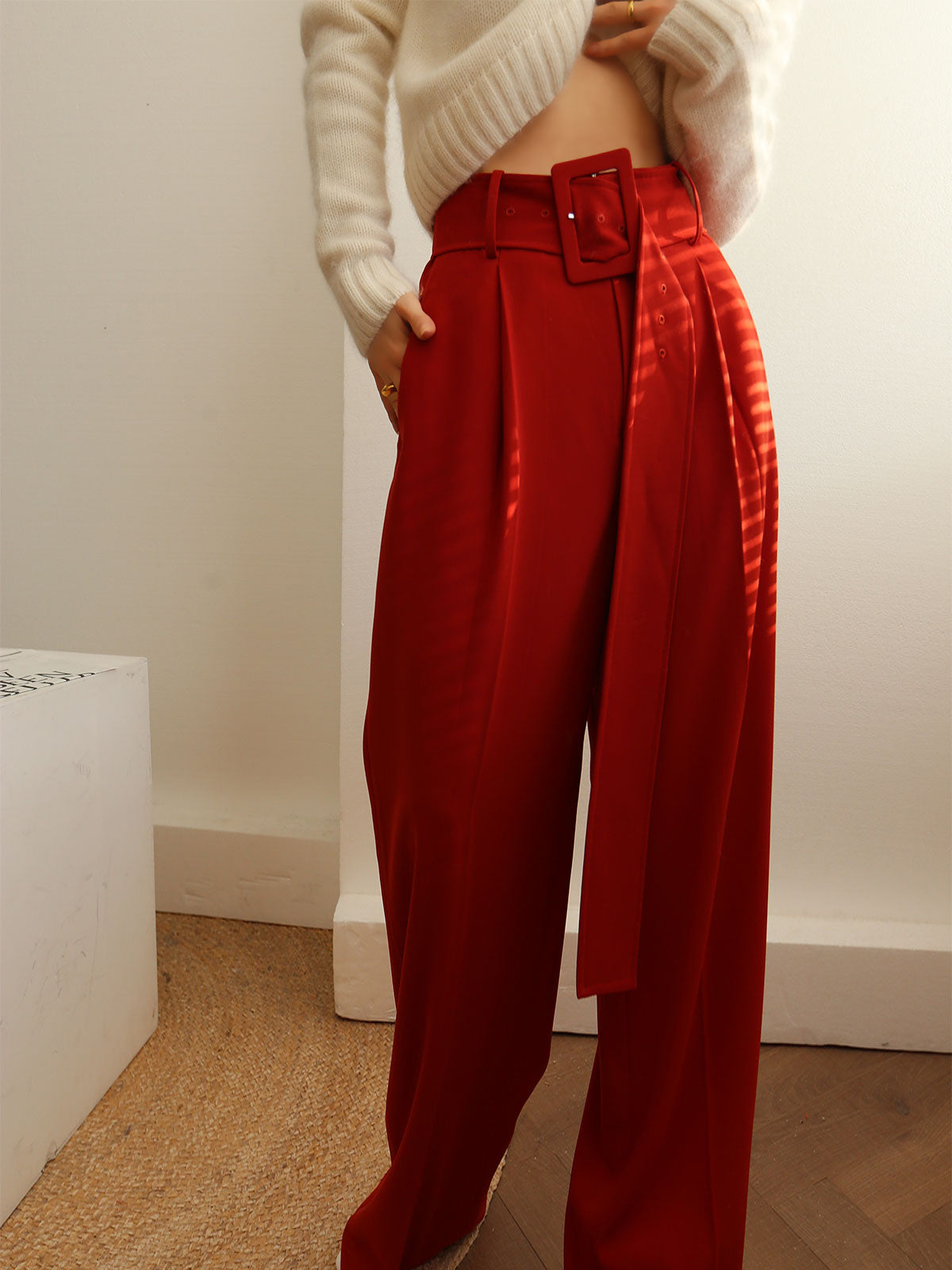 Pleated Wide Belted Pants-Chicvia