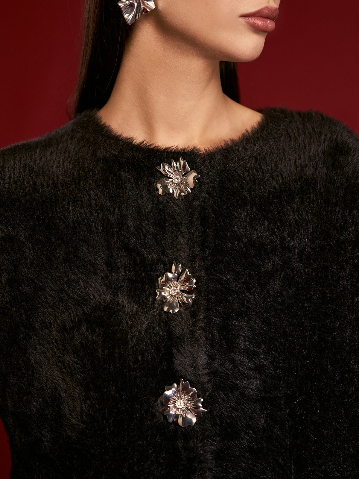 Floral Button Fuzzy Cardigan-Chicvia