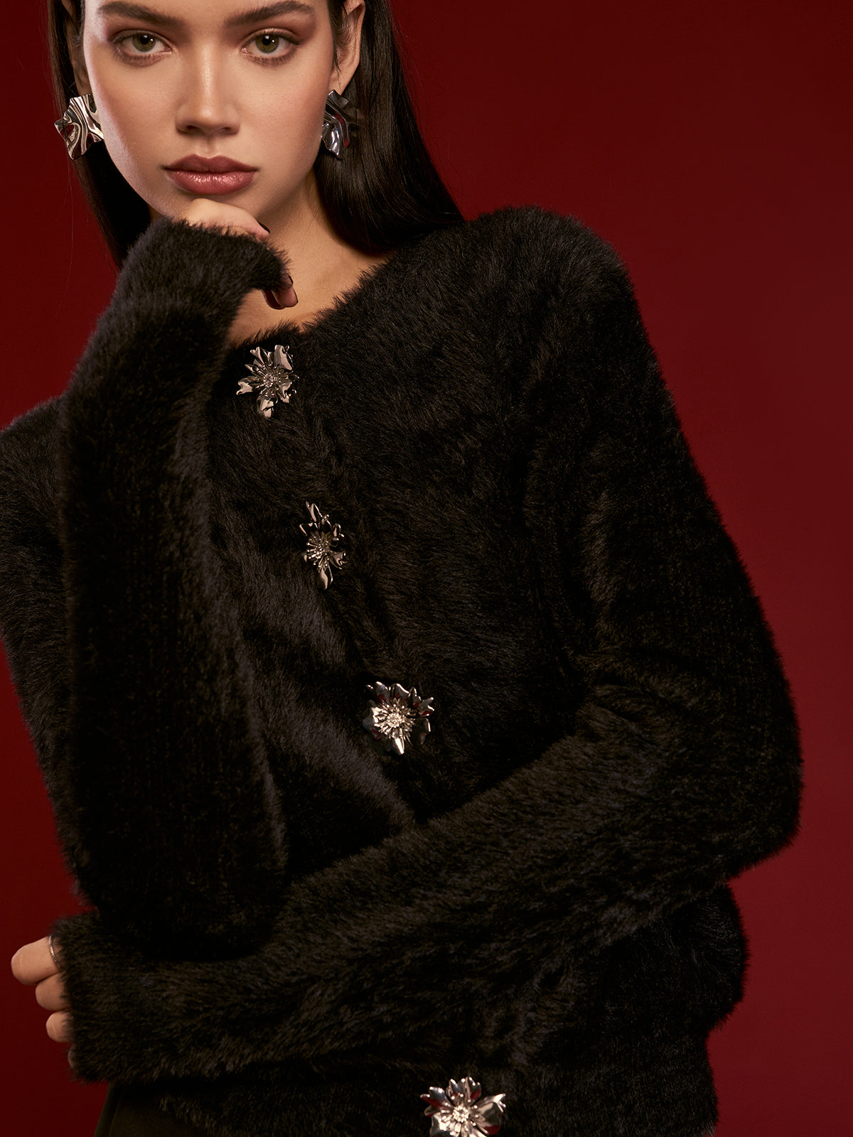 Floral Button Fuzzy Cardigan-Chicvia