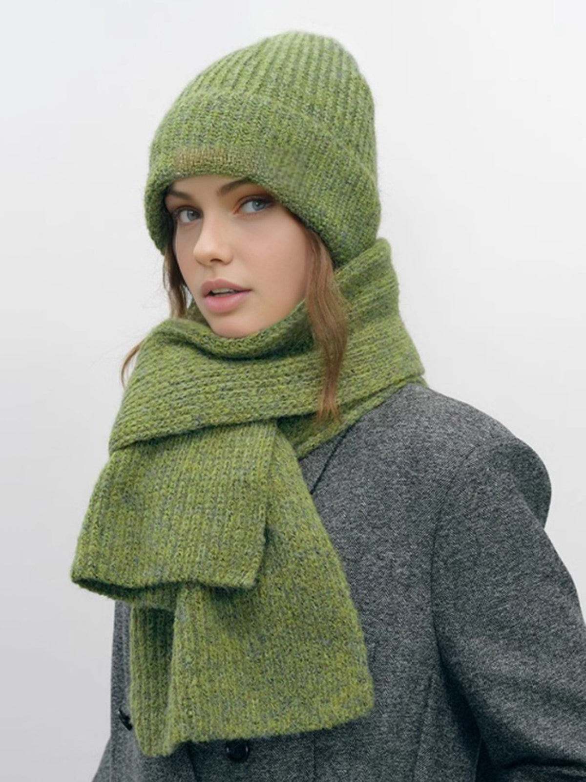 Plain Warm Knit Hat With Matching Scarf-Chicvia