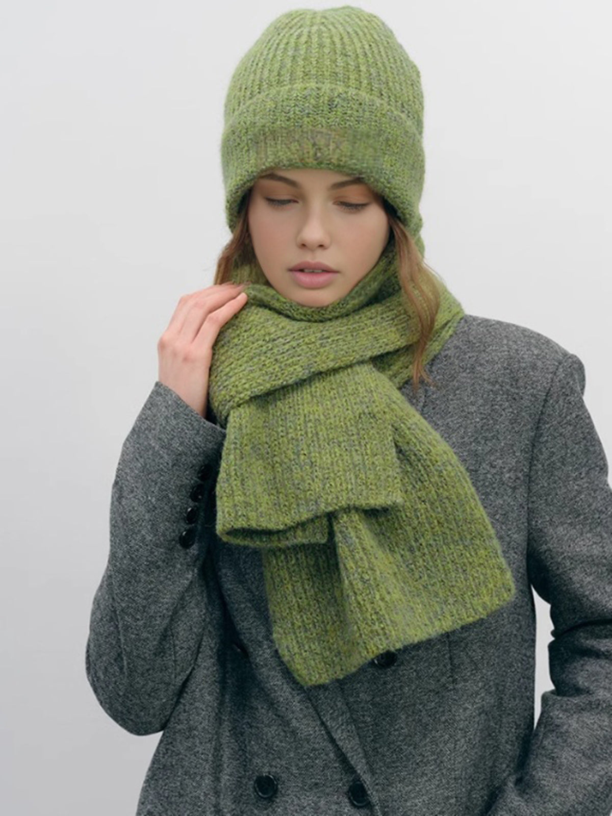 Plain Warm Knit Hat With Matching Scarf-Chicvia