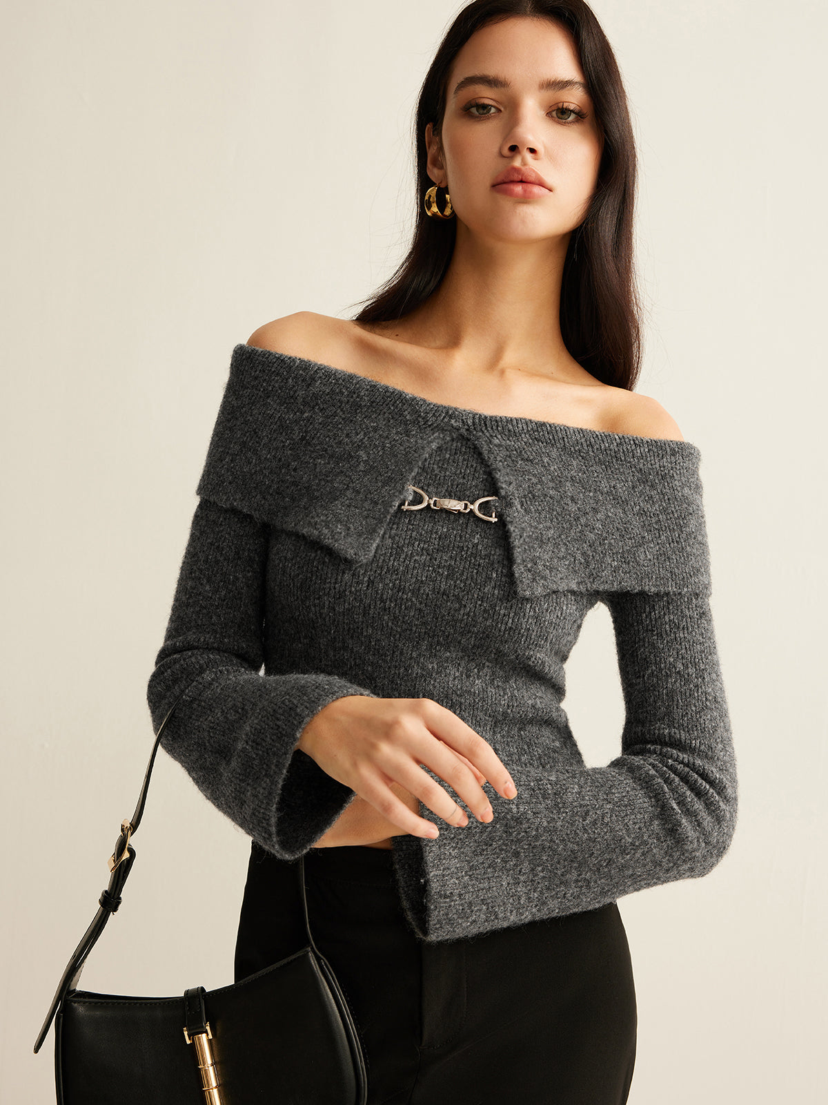 Off-Shoulder Crop Knit Top-Chicvia