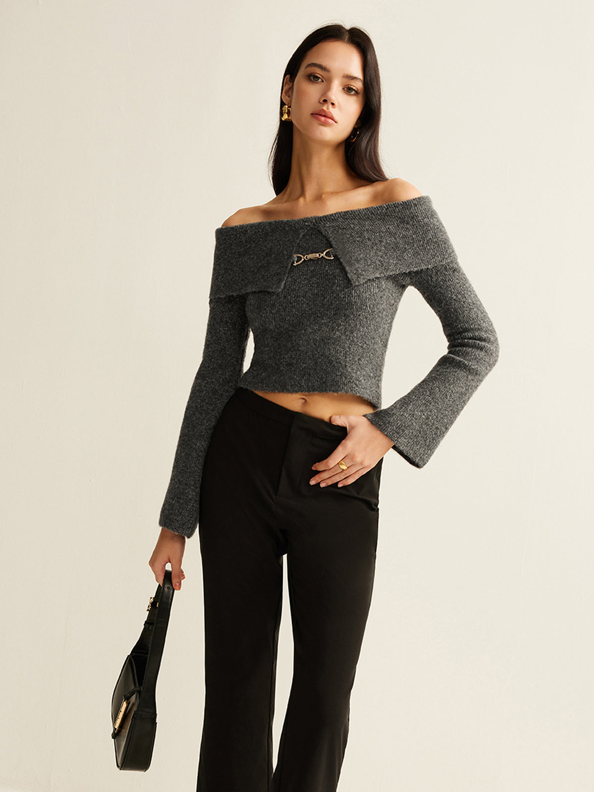 Off-Shoulder Crop Knit Top-Chicvia