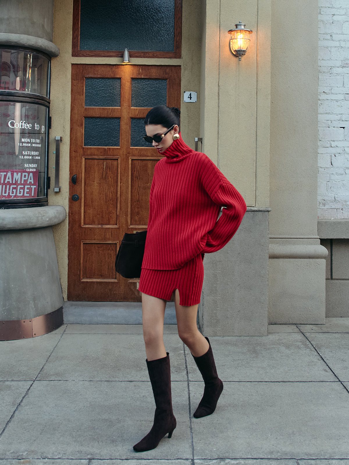 Plain Ribbed Split Sweater Skirt Set-Chicvia