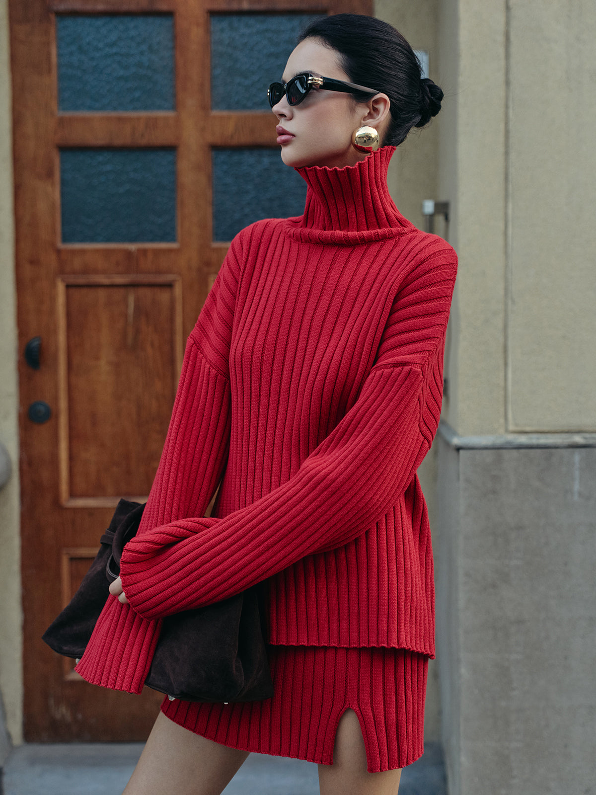 Plain Ribbed Split Sweater Skirt Set-Chicvia