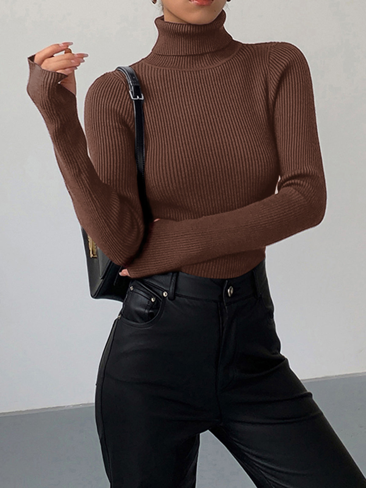 Minimalist Turtleneck Slim Knit Top-Chicvia