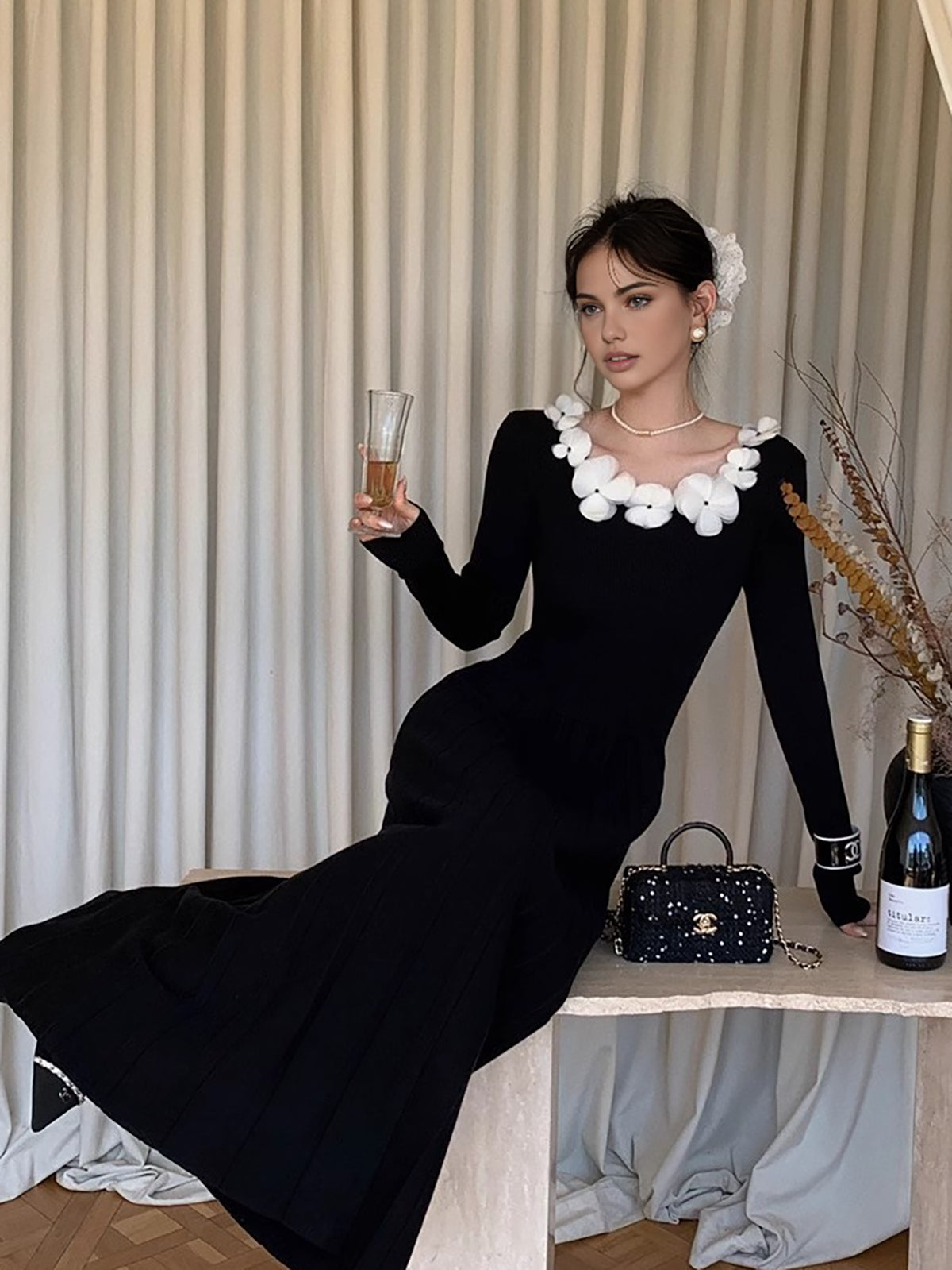 Floral Decor Pleated Sweater Dress-Chicvia