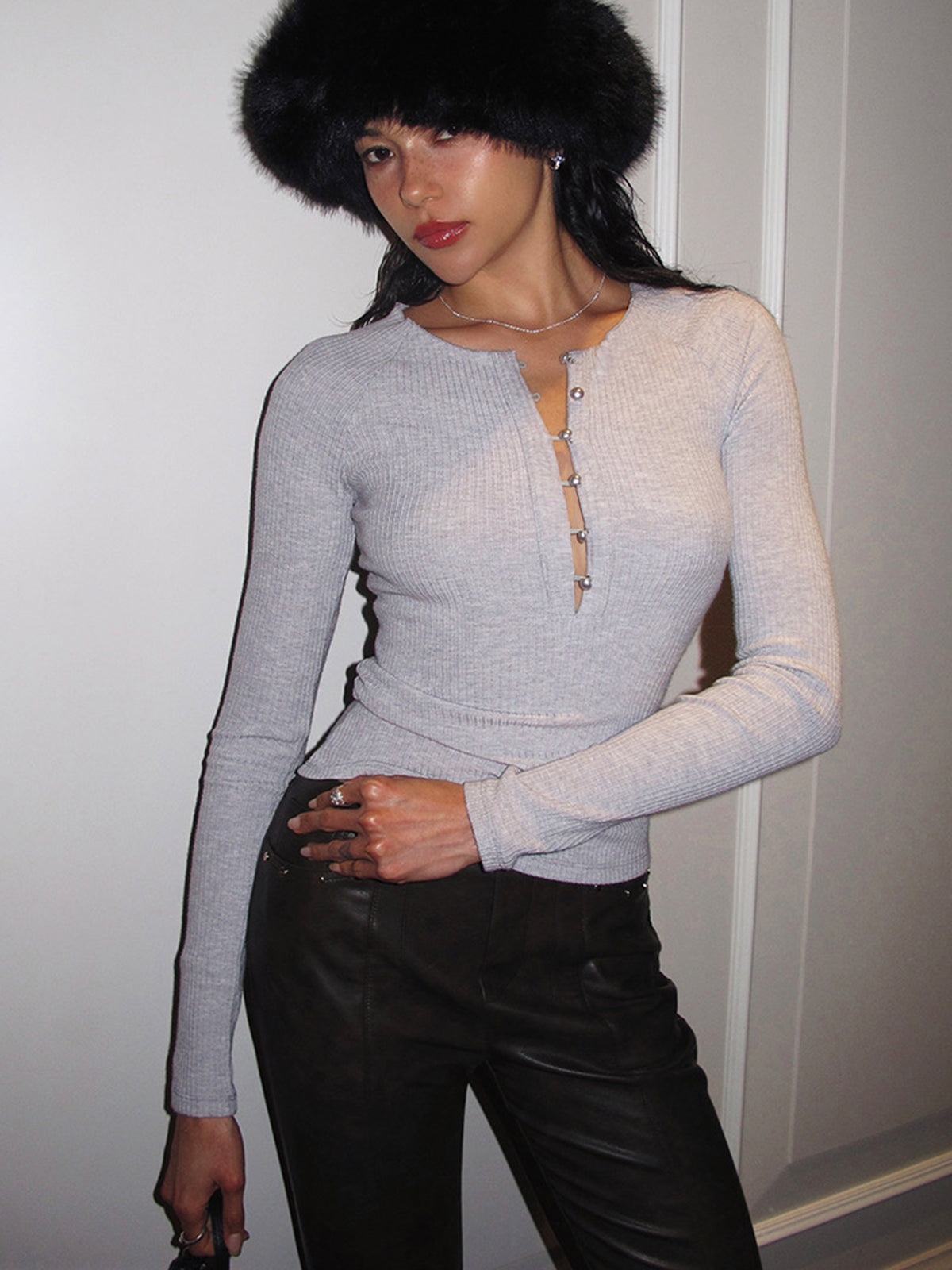 Pearl Button Cutout Skinny Top-Chicvia