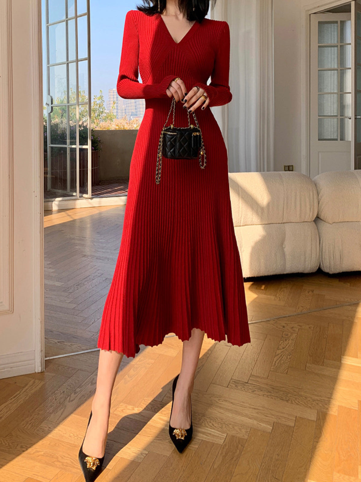 Elegant V-Neck Pleated Dress-Chicvia