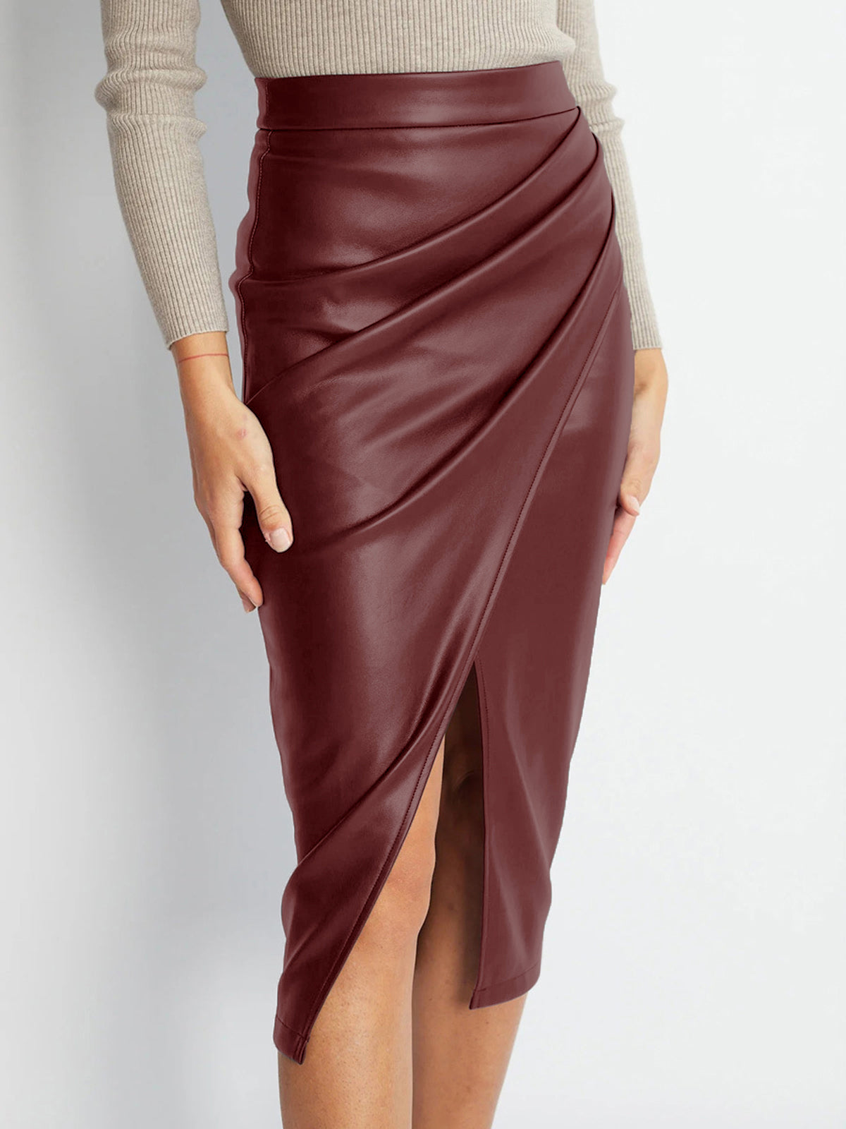 Pleated Split PU Leather Skirt-Chicvia